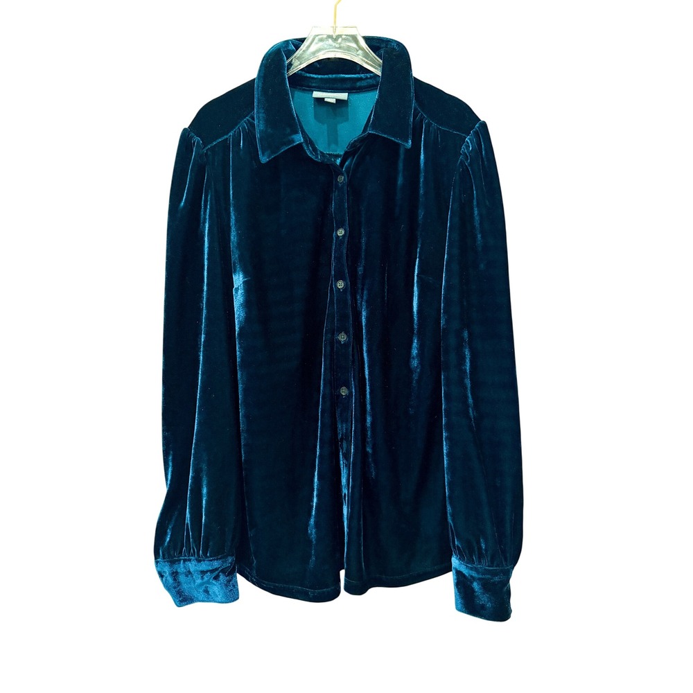 ModCloth Velvet Blouse Womens XL Deep Teal Button Down Long Sleeve Winter